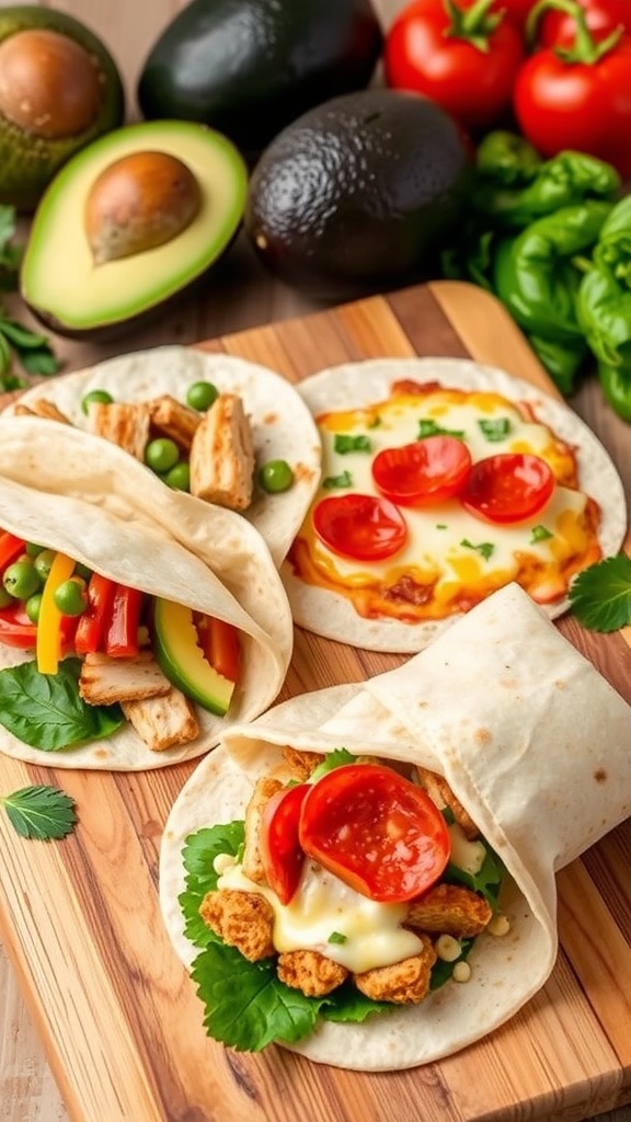 Creative Ways to Use Zero Carb Tortillas Variety of zero carb tortillas filled with vegetables, cheese, and meats on a cutting board.